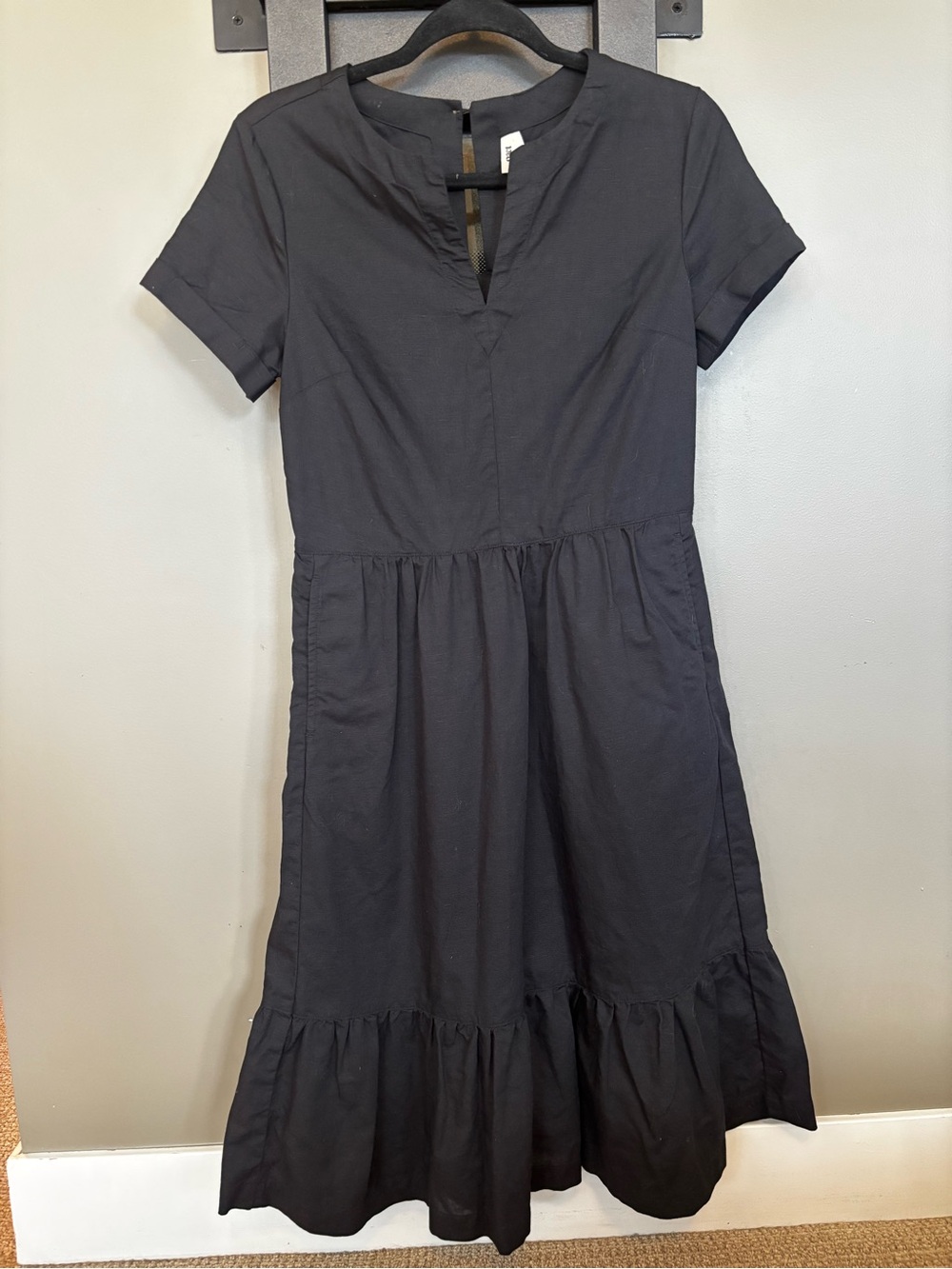 PACT Organic Cotton Linen Blend Tiered Midi Dress Black XS Pockets